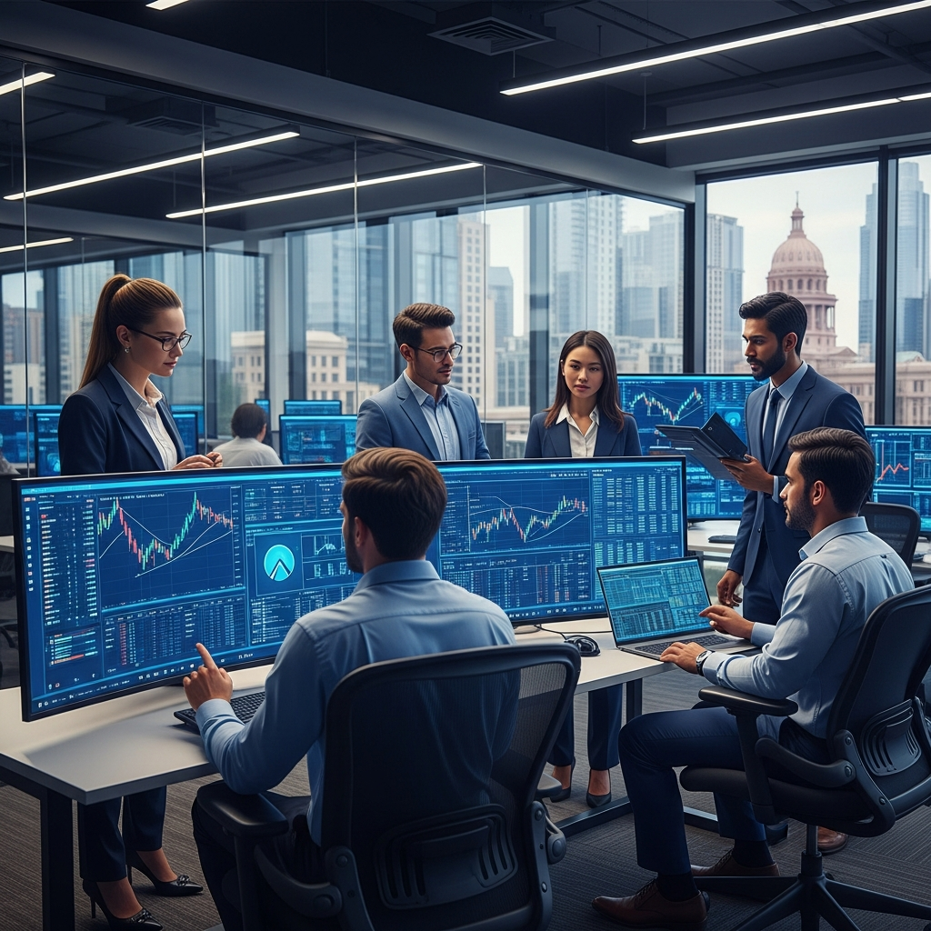 PROVABIC LLC team collaborating in a modern fintech office with trading screens and analytics dashboards